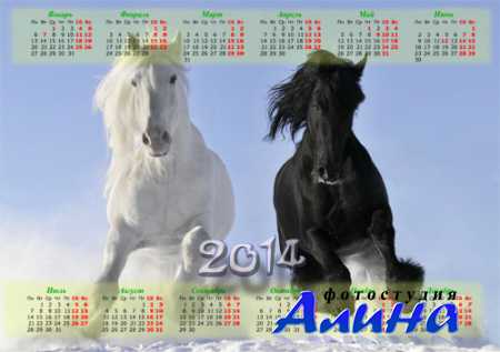 Календарь 2014 - Красивые бело-черные лошади